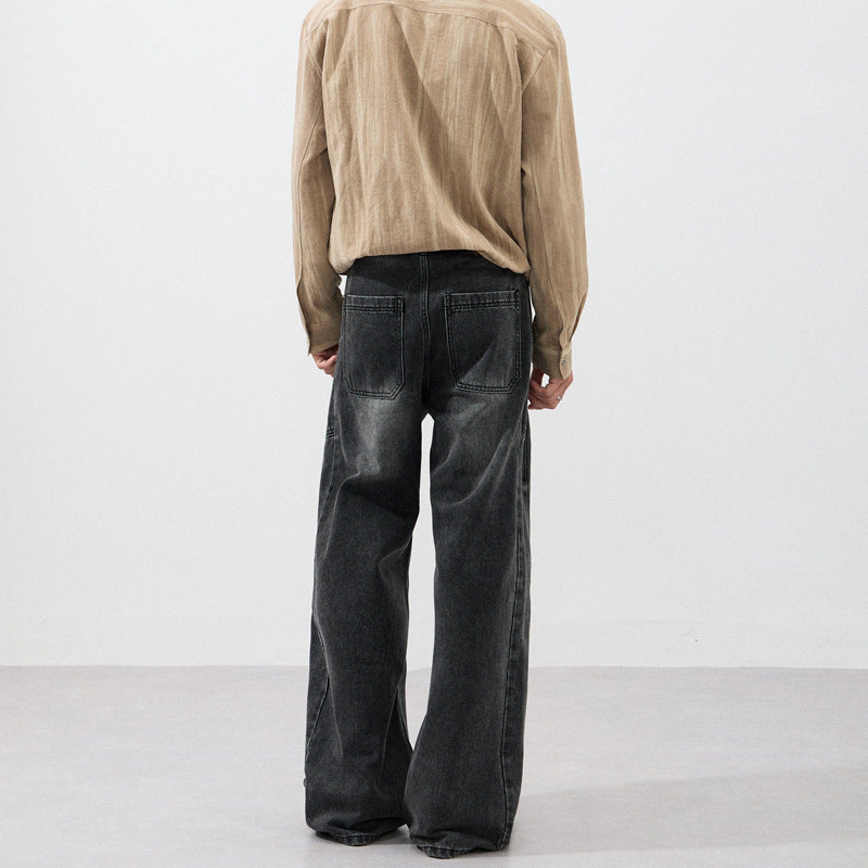 Herren Extraweite Skulpturale Denim‑Palazzohose mit Kniefalten und Teilungsnähten Nord Taschen