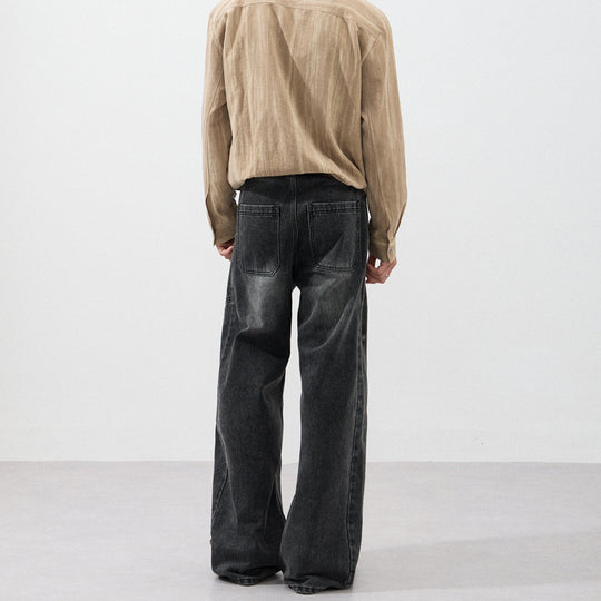 Herren Extraweite Skulpturale Denim‑Palazzohose mit Kniefalten und Teilungsnähten Nord Taschen