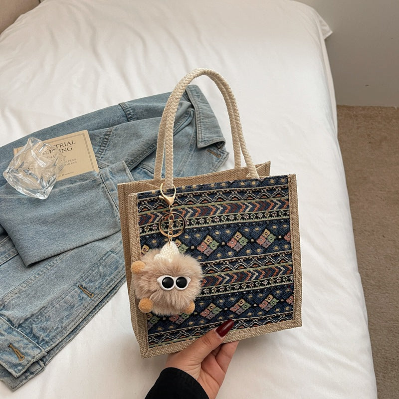 Damen Jute-Tragetasche mit dekorativem Ethno-Muster Nord Taschen