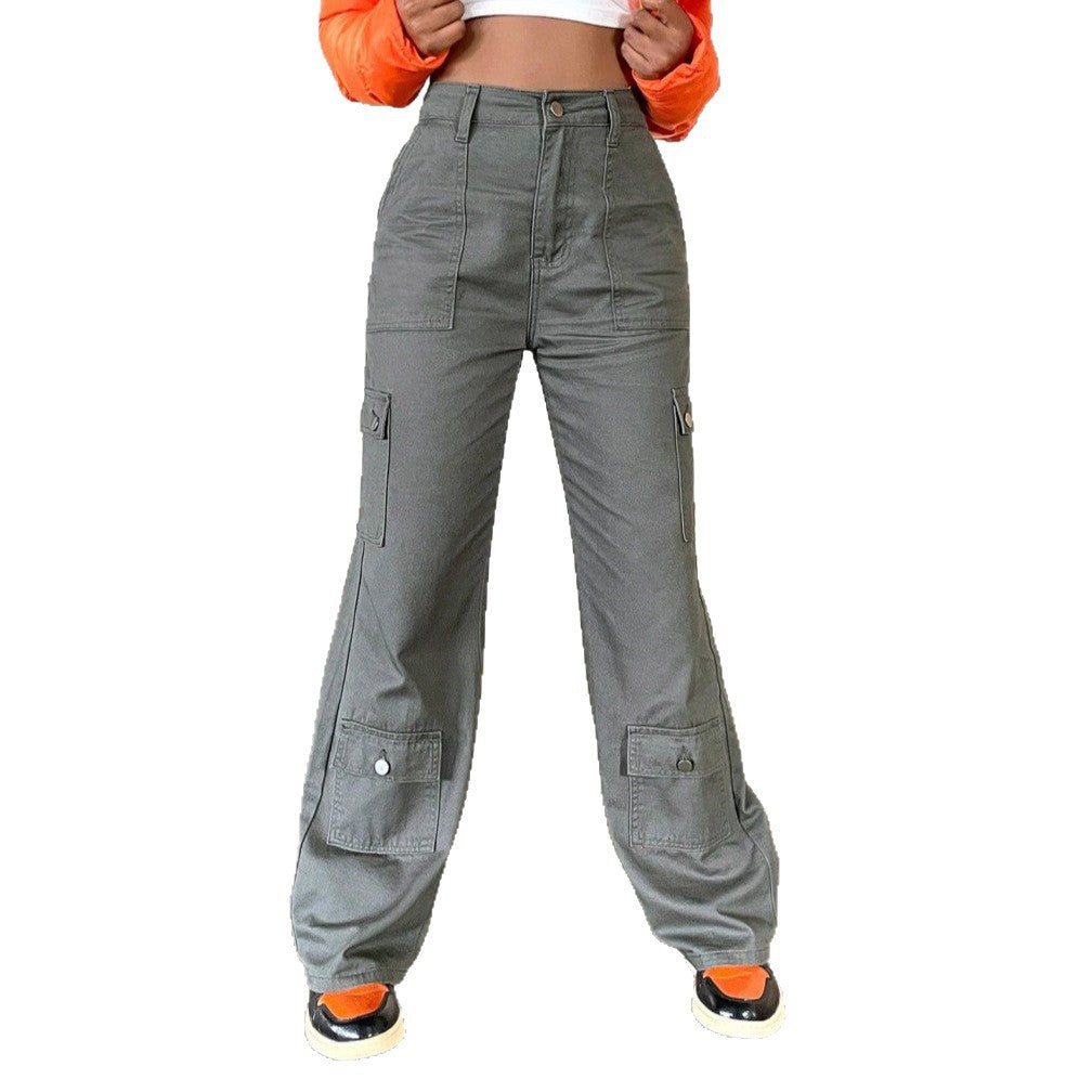 Damen Cargo-Hose mit hoher Taille, weitem Bein und aufgesetzten Pattentaschen Nord Taschen