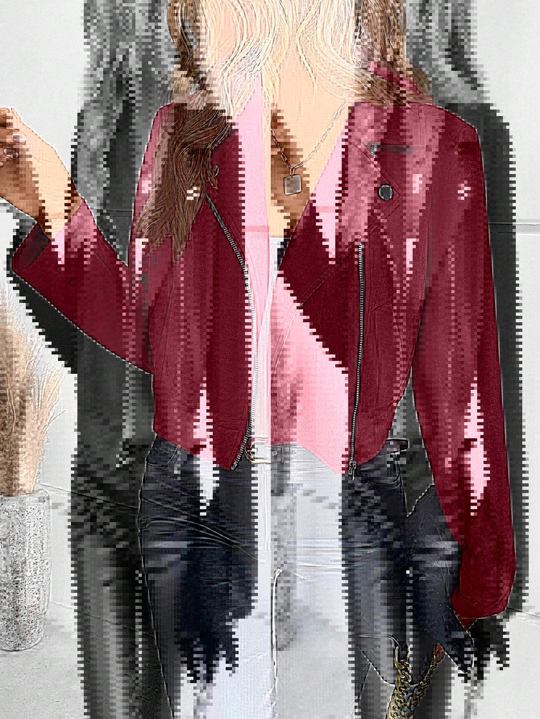 Damen Stylische Bikerjacke aus Kunstleder mit asymmetrischem Reißverschluss