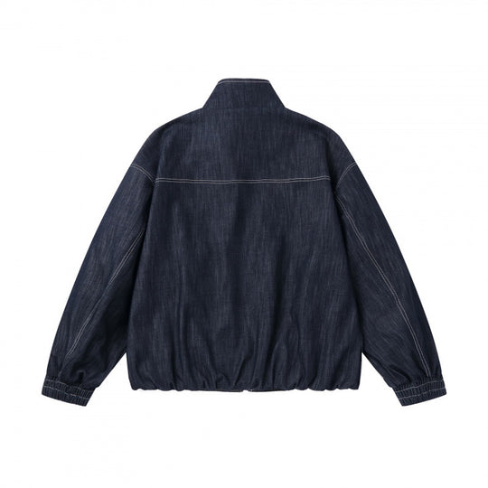 Unisex Kastenförmige Jeans-Blousonjacke mit Stehkragen, Reißverschluss und elastischem Saum Nord Taschen