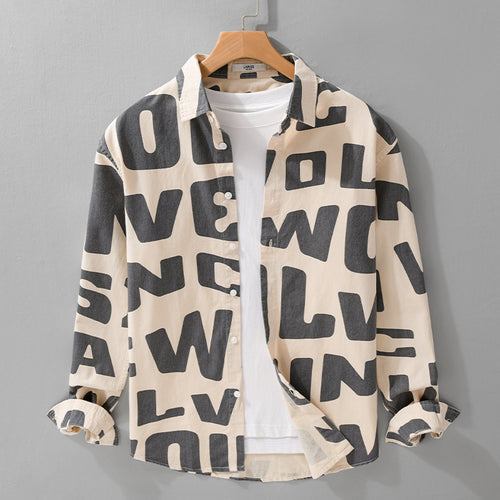 Herren Baumwoll-Overshirt mit Allover-Lettering-Print, Relaxed-Fit und Kentkragen Nord Taschen