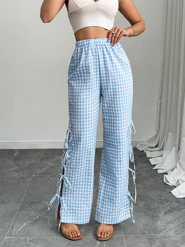 Damen High‑Waist Leinenoptik-Hose mit Gingham-Karo, weitem Bein & seitlichen Bändchen-Details Nord Taschen