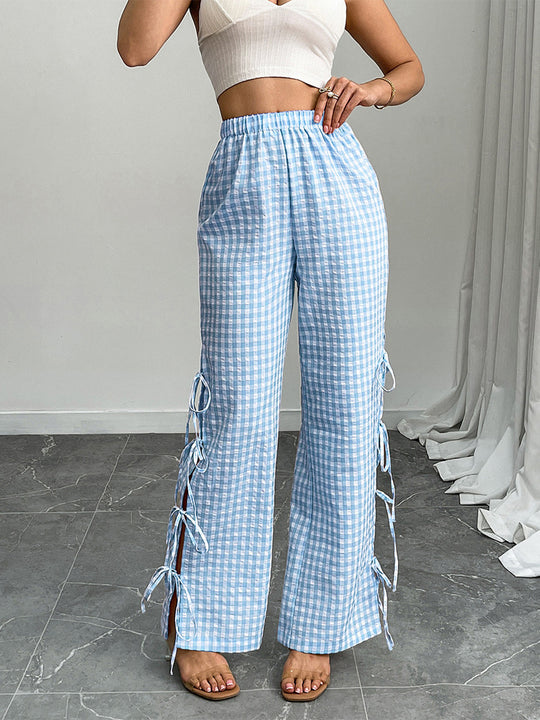 Damen High‑Waist Leinenoptik-Hose mit Gingham-Karo, weitem Bein & seitlichen Bändchen-Details Nord Taschen