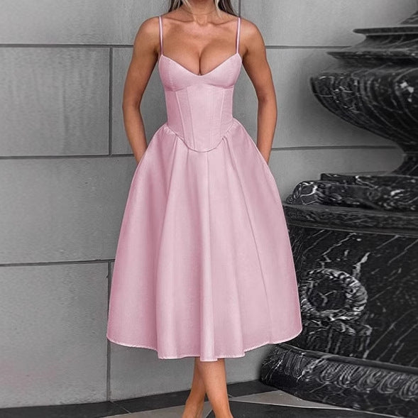 Damen Elegantes A-Linien Midi-Kleid mit Spaghettiträgern und weichem Stoff