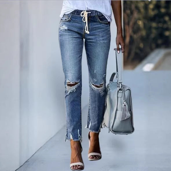 Damen Cropped-Denim-Jeans mit Tunnelzugbund, Destroyed-Kniepartien und rohem Saum Nord Taschen