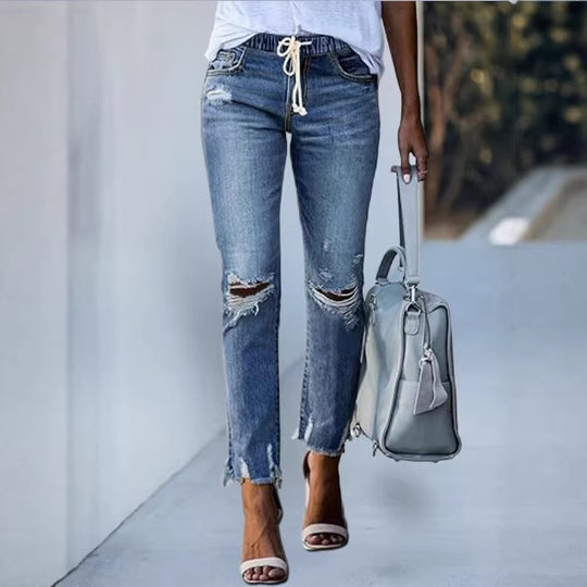 Damen Cropped-Denim-Jeans mit Tunnelzugbund, Destroyed-Kniepartien und rohem Saum Nord Taschen