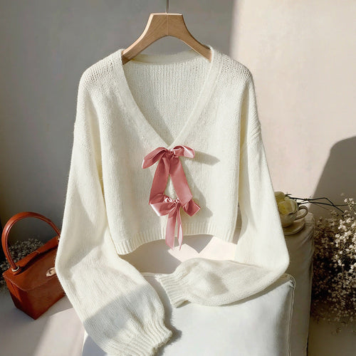 Damen Kurzgeschnittener V-Ausschnitt Mohair-Mix Pullover mit Satinschleifen Nord Taschen