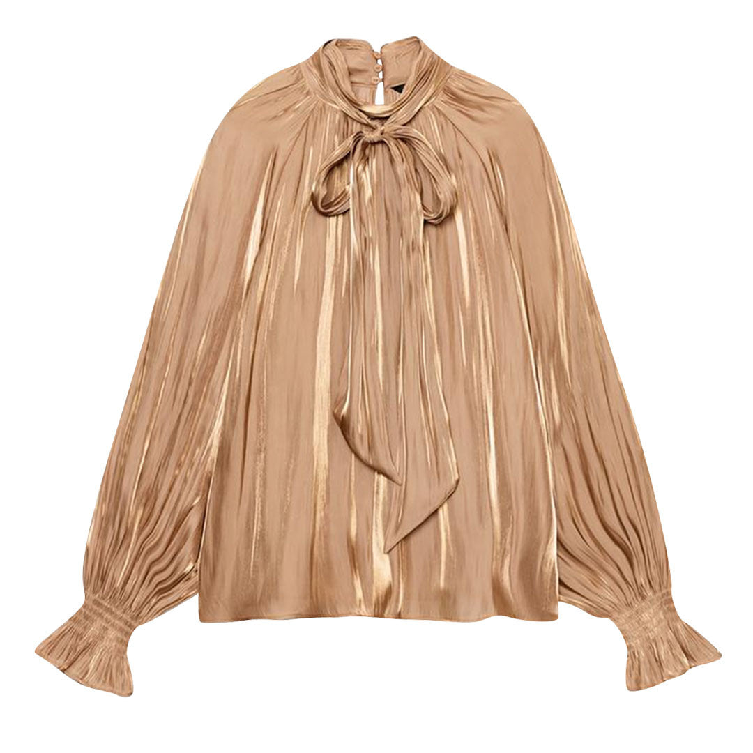 Damen Seidenähnliche Schlupfbluse mit Schleifenkragen, Plissée‑Effekt und gerafften Ballonärmeln Nord Taschen