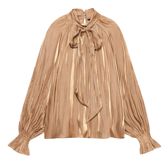 Damen Seidenähnliche Schlupfbluse mit Schleifenkragen, Plissée‑Effekt und gerafften Ballonärmeln Nord Taschen