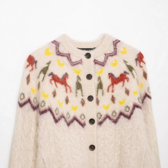 Damen 10+ gemusterte Mohair‑Cardigan mit Norweger‑Motiv, Zopfmuster und Knopfleiste Nord Taschen