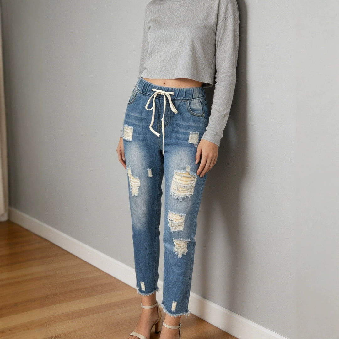 Damen lockere Destroyed-Denim Jogger mit elastischem Kordelbund und ausgefranstem Knöchelabschluss Nord Taschen
