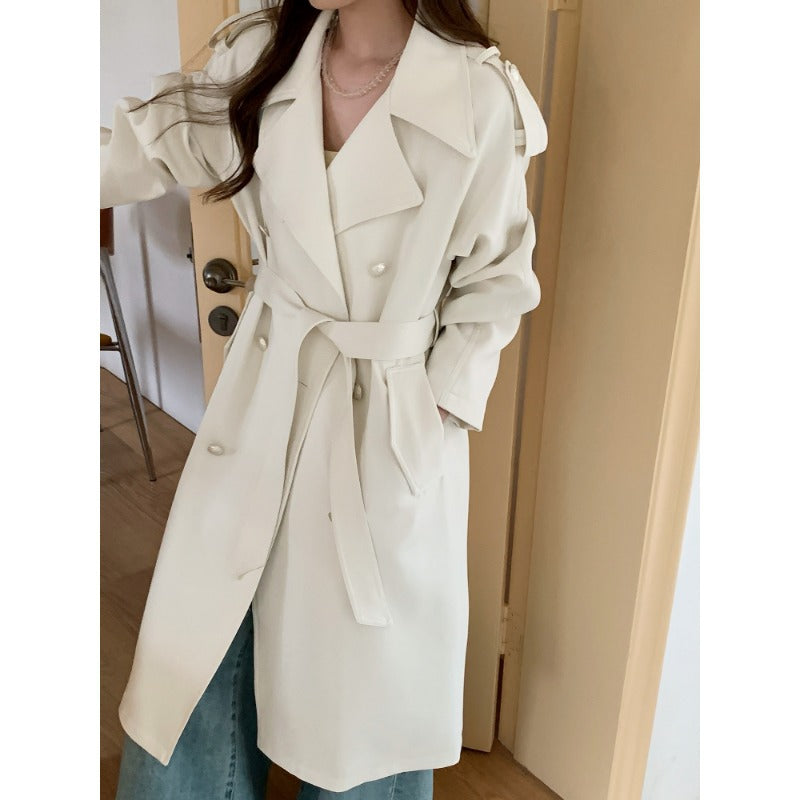 Damen Midilanger Trenchcoat mit Oversize-Schultern und Perlmuttknöpfen Nord Taschen