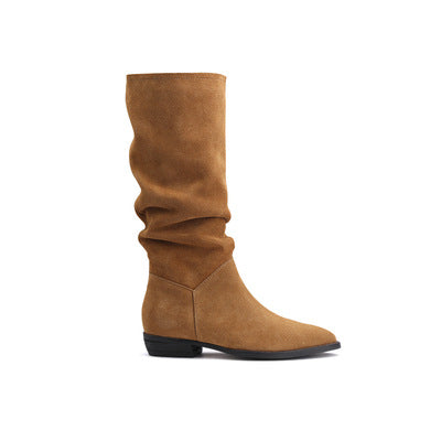 Damen Wadenhohe Stiefel aus Veloursleder mit lässigen Schaftfalten und flachem Absatz Nord Taschen