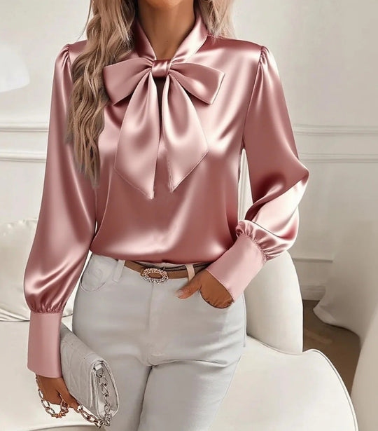 Damen elegante Satinbluse mit Schleifenkragen und Puffärmeln Nord Taschen