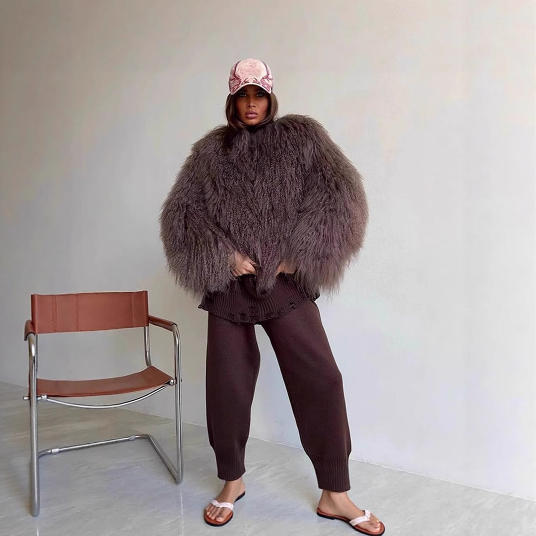 Damen kurze Kunstpelzjacke im Tibetan-Look mit extralangem Flor und Boxy-Schnitt Nord Taschen