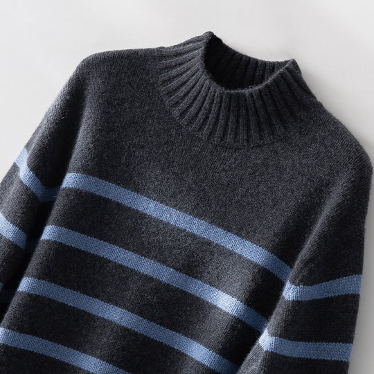 Damen Gestreifter Feinstrick-Pullover mit halbhohem Rippkragen und geripptem Saum Nord Taschen