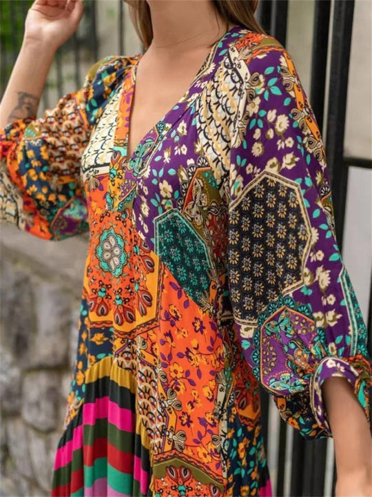 Damen Maxikleid mit buntem Patchwork-Design und voluminösen Ärmeln Nord Taschen