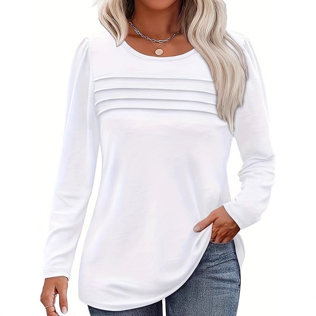 Damen Feines Langarmshirt mit Rundhalsausschnitt, dekorativen Kellerfalten und leicht taillierter A‑Linie Nord Taschen