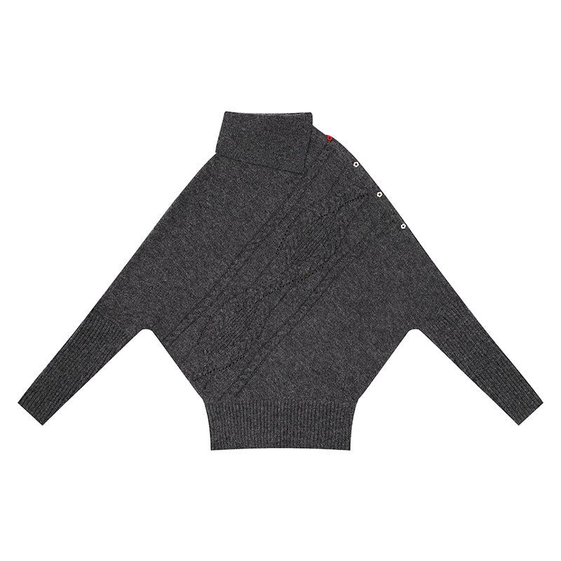 Damen Oversize-Pullover mit Rollkragen, asymmetrischer Schulter-Knopfleiste und Zopfstrick-Details Nord Taschen
