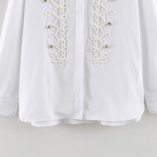 Damen Langärmlige Hemdbluse mit dekorativer Froschverzierung und verdeckter Knopfleiste Nord Taschen