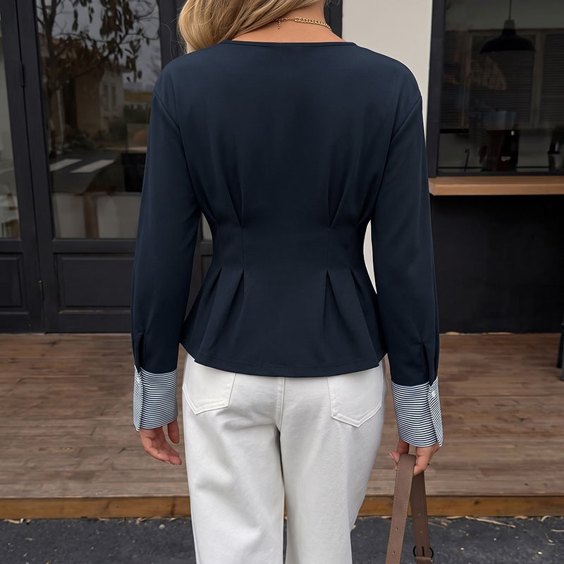 Damen Tailliertes Peplum‑Top mit Kellerfalten, Rundhalsausschnitt und Kontrastbündchen Nord Taschen