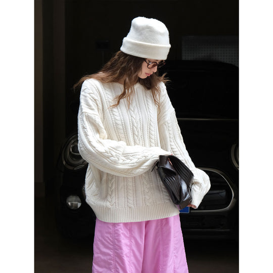 Damen Oversize-Zopfmuster-Strickpullover mit Rundhalsausschnitt und voluminösen Ärmeln Nord Taschen