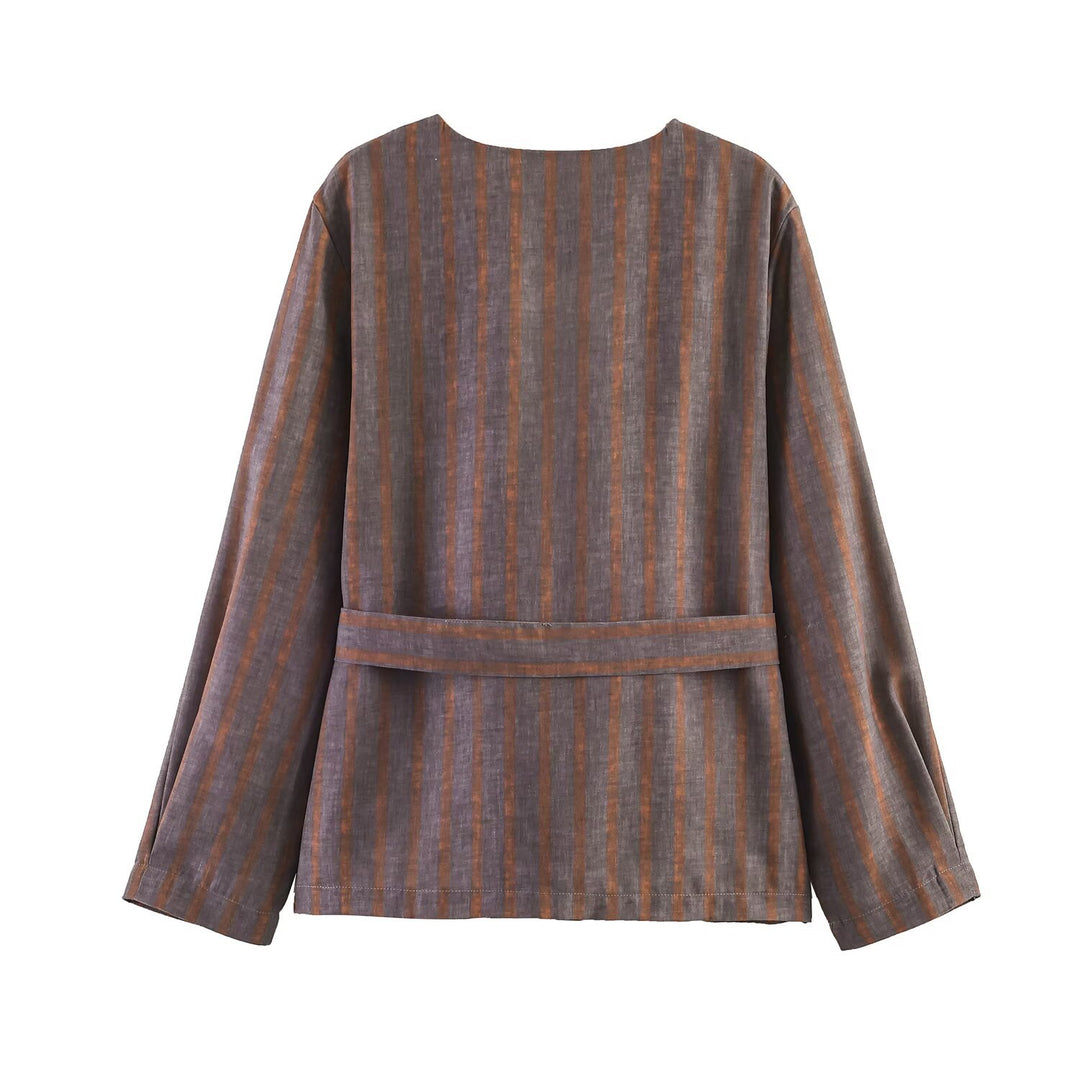 Damen Gestreifter Leinen-Kimono mit Bindegürtel Nord Taschen