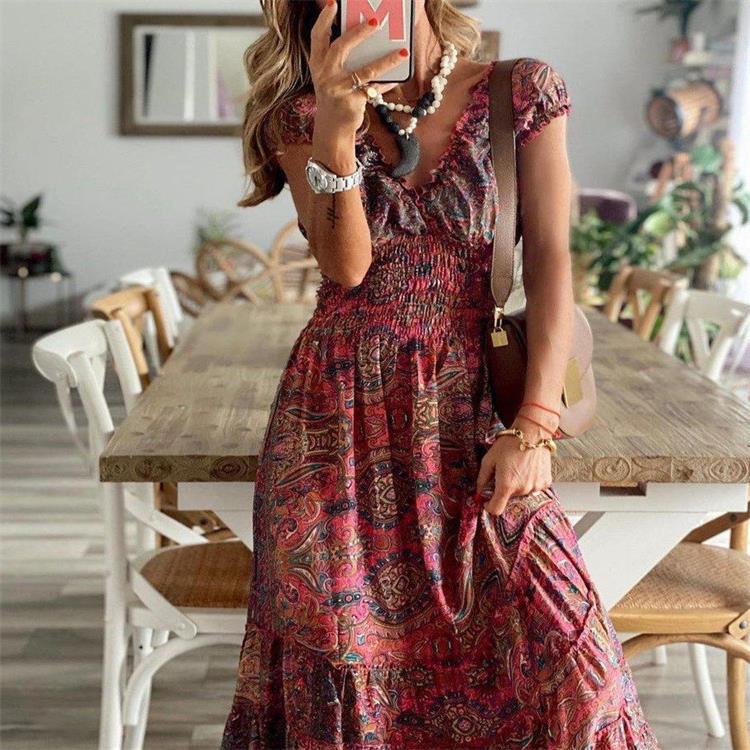 Damen Maxikleid mit Boho-Design und schwingendem Abschluss