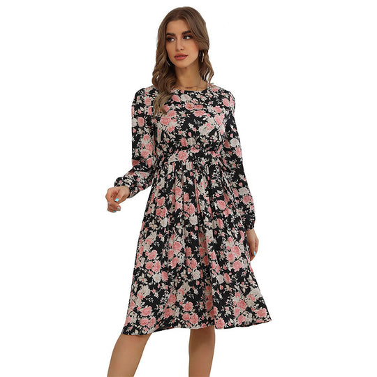 Damen Blumenkleid mit lange Ärmeln und hohem Schlitz Nord Taschen