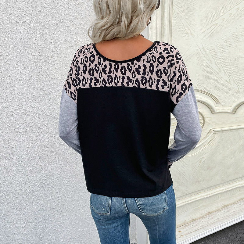Damen Lässiges Langarmshirt mit Leo-Einsatz und Kontrastärmeln Nord Taschen