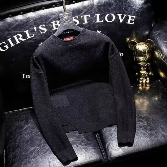 Damen Kurz geschnittener Strickpullover mit unregelmäßigem Saum und Rundhalsausschnitt Nord Taschen