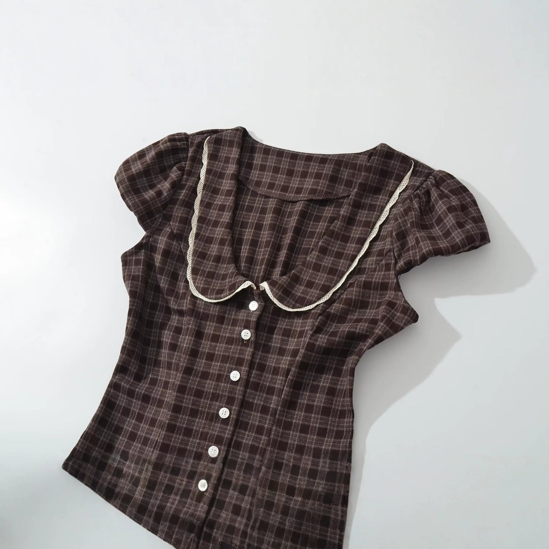 Damen Kariertes A-Linien-Minikleid mit kontrastierendem Bubikragen und Knopfleiste Nord Taschen