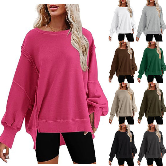 Damen Oversized Sweatshirt mit Ballonärmeln, seitlichen Schlitzen und offenen Kanten Nord Taschen