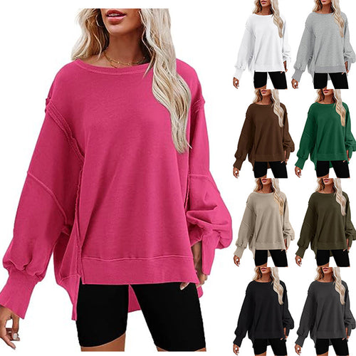 Damen Oversized Sweatshirt mit Ballonärmeln, seitlichen Schlitzen und offenen Kanten Nord Taschen