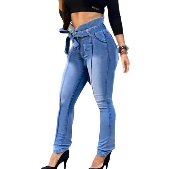 Damen Hochtaillierte Paperbag-Skinny-Jeans mit Bindegürtel und vertikaler Nahtführung Nord Taschen