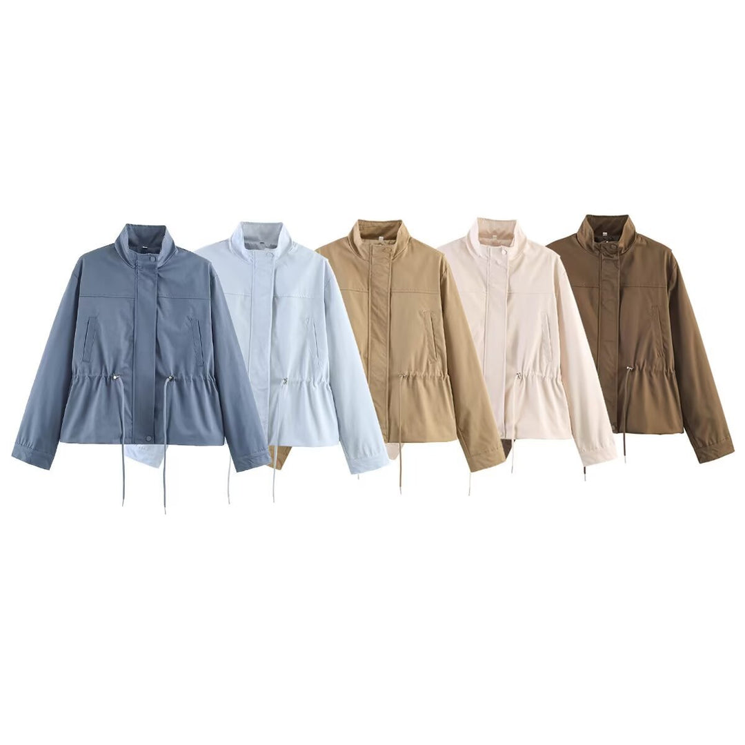 Damen Leichte Übergangsjacke mit Tunnelzug‑Taille und Stehkragen Nord Taschen