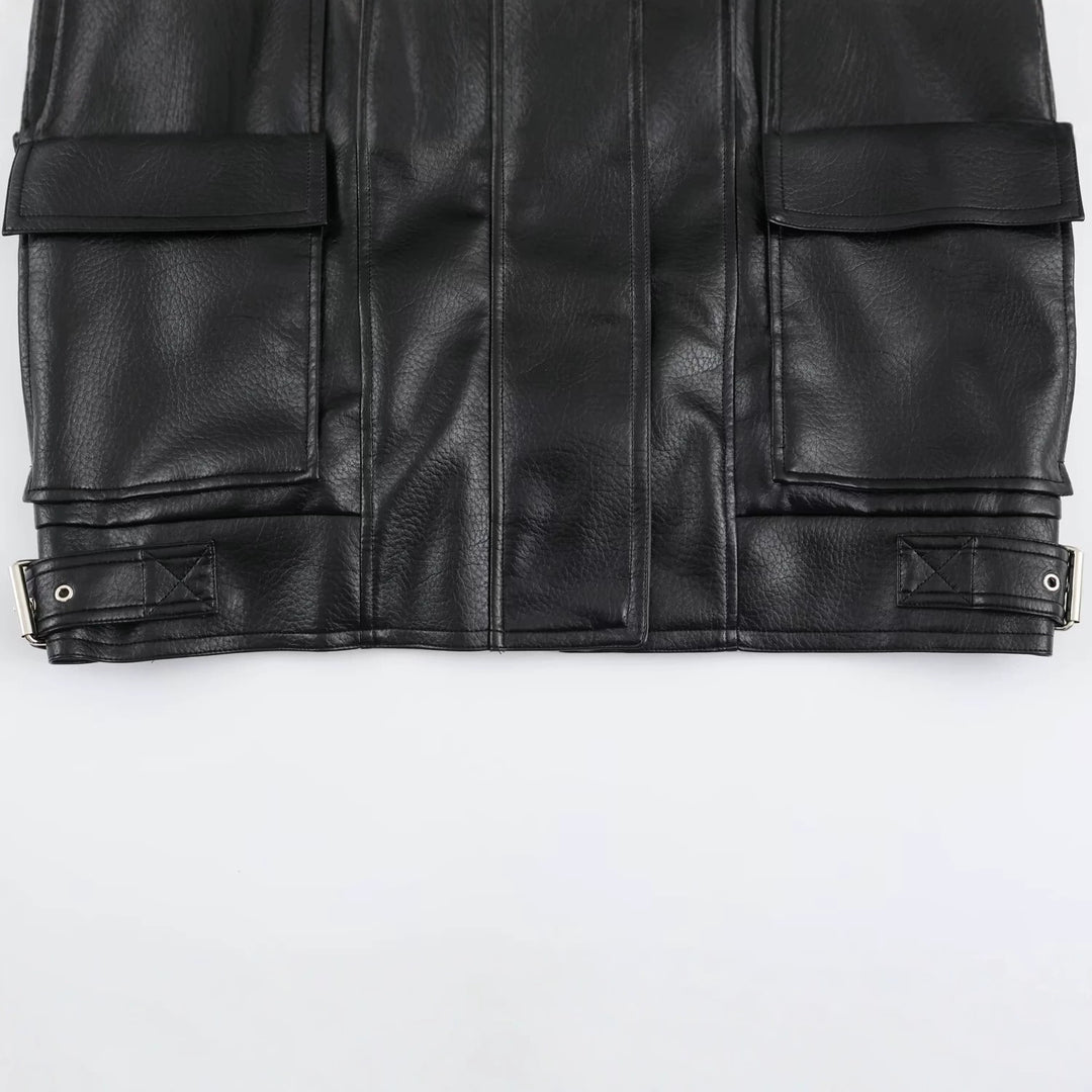 Damen Oversize Kunstlederjacke mit hohem Stehkragen, aufgesetzten Taschen und verstellbaren Schnallen Nord Taschen