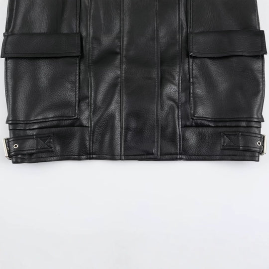 Damen Oversize Kunstlederjacke mit hohem Stehkragen, aufgesetzten Taschen und verstellbaren Schnallen Nord Taschen