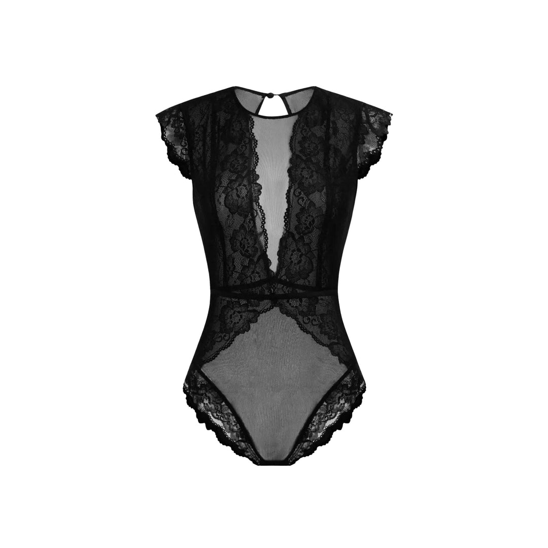 Damen Elegantes Spitzenbody mit tiefem V-Ausschnitt und zarten Rüschendetails