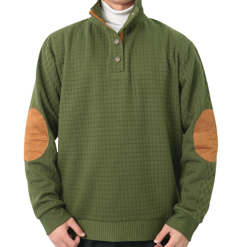Herren Waffelstrick-Halbzip-Pullover mit Stehkragen Lederbesatz und Ellbogenpatches Nord Taschen