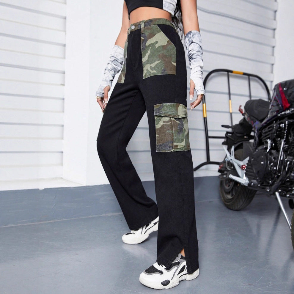 Damen High-Waist Cargo-Jeans mit Camouflage-Einsätzen und weitem Bein Nord Taschen