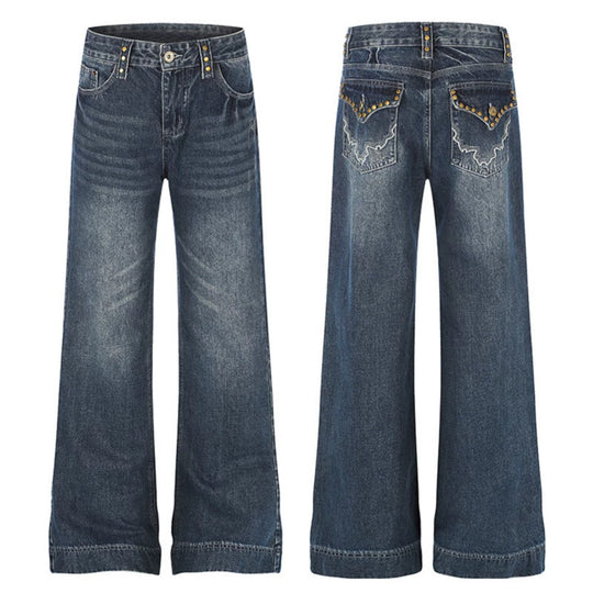 Damen Weite High‑Waist Denim Palazzo-Jeans mit weitem Bein und Vintage-Waschung Nord Taschen