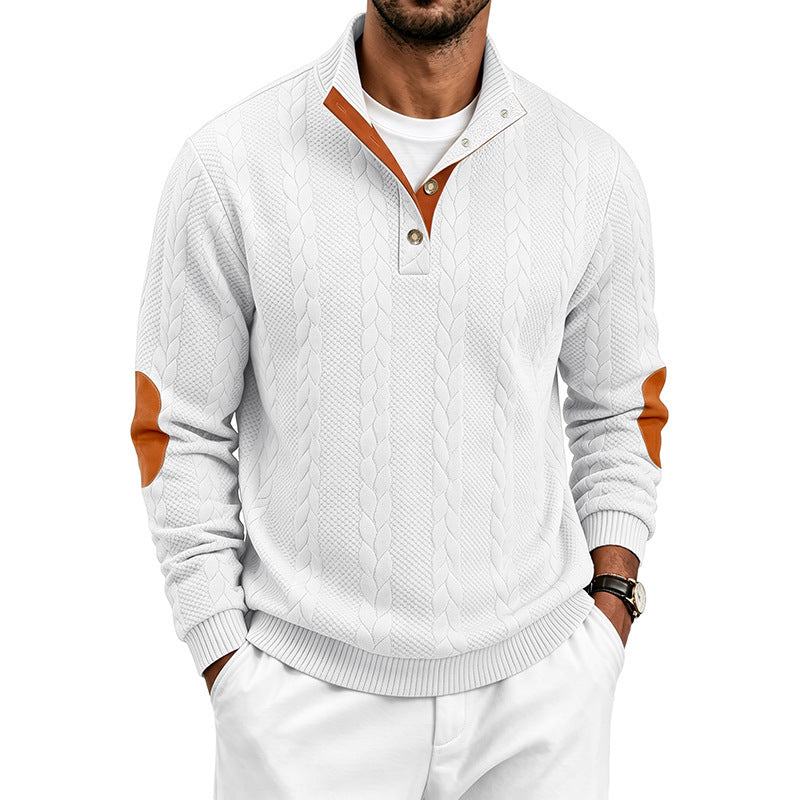 Herren Edler Zopfmuster-Strickpullover mit Kurzknopfleiste und Ellenbogenpatches Nord Taschen