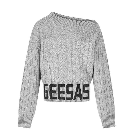 Damen Kurzer Zopfstrick-Pullover mit weitem Boat-Ausschnitt und markantem Logobund Nord Taschen