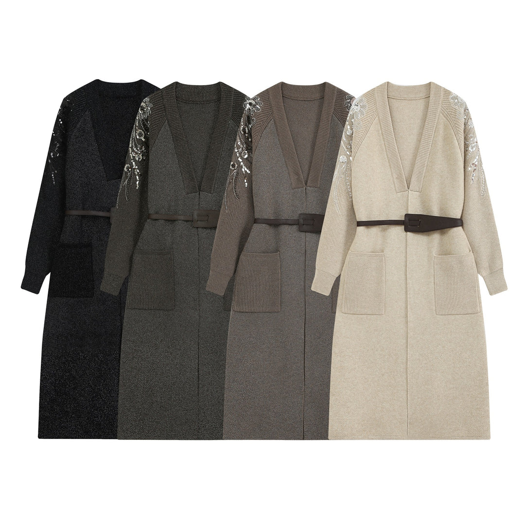Damen Lange Strickjacke mit Gürtel, tiefem V‑Ausschnitt und bestickten Paillettenärmeln Nord Taschen
