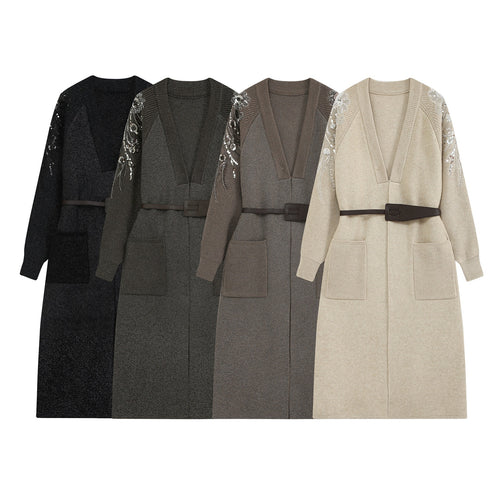 Damen Lange Strickjacke mit Gürtel, tiefem V‑Ausschnitt und bestickten Paillettenärmeln Nord Taschen