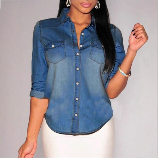 Damen taillierte Denim-Hemdbluse mit Brusttaschen und Perlmuttknöpfen Nord Taschen