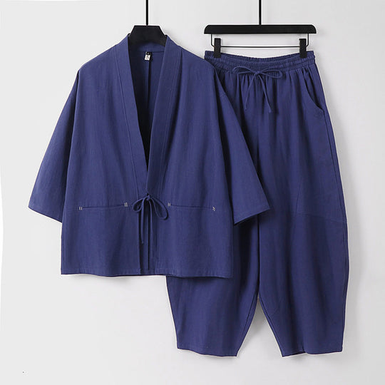 Unisex Modernes Kimono-Lounge-Set aus weichem Baumwollmix mit Kurzjacke, Tunnelzug-Hose und gerafften Knöcheln Nord Taschen